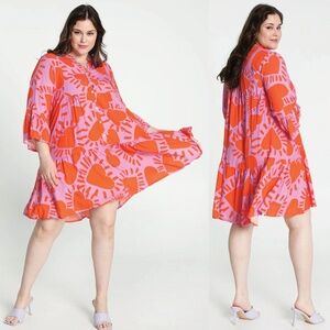 Viscose Playful Printed Heart Tiered Shirt Dress Women's XXL Summer Resortwear